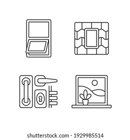 Windows Replacement Service Linear Icons Set. Awning Windows. Venting Skylight. Door Hardware. Customizable Thin Line Contour Symbols. Isolated Vector Outline Illustrations. Editable Stroke