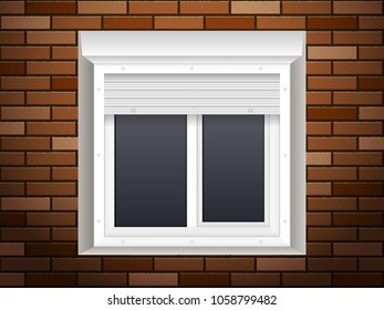Windows with rolling shutters on brick wall