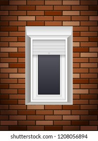 Windows with rolling shutters on brick wall