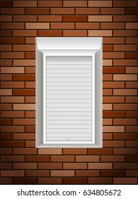 Windows with rolling shutters on brick wall