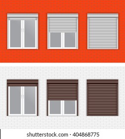 Ventanas con persianas enrollables. Paredes de ladrillo blanco y rojo. Vector aislado sobre fondo blanco