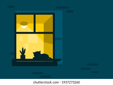 Windows of the room at night turn on bright yellow light with a sleeping cat flat vector.