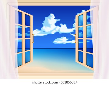 windows seascape beach and clouds graphic vector