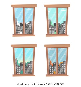 Windows with seasons. City landscape at different times of the year. Autumn, winter, spring, summer from one window. Vector illustration. Flat cartoon style