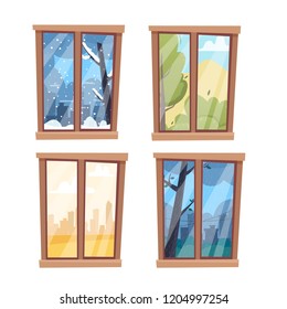 Windows with seasons and weather landscapes. Flat cartoon style vector illustration.