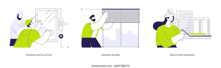 Conjunto de Ilustración vectorial de concepto abstracto del servicio de Windows. Instalación de ventanas, persianas colgantes, aislante sellador de espuma, montaje de alféizares, trabajos interiores en construcción residencial metáfora abstracta.