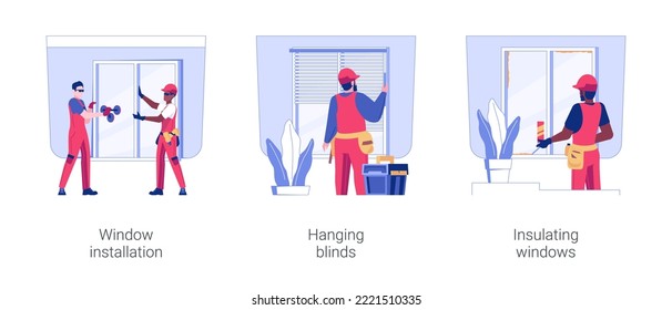 Windows service isolated concept vector illustration set. Window installation, hanging blinds, foam sealant insulation, sills assembly, interior works in residential construction vector cartoon.