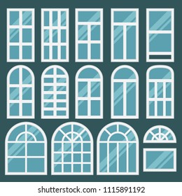 Windows set with different design of frames. Shiny new window for web, building interior. Flat style. Collection of house construction. Vector