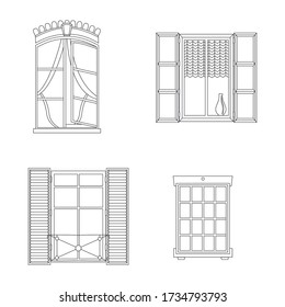 Windows. Set of different windows. Window icon. Coloring pages for children, adults. Black and white vector illustration for coloring book.