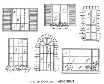 Windows set graphic black white isolated sketch illustration vector