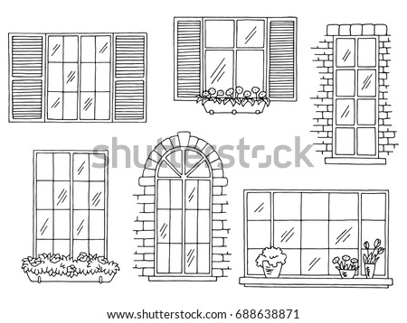 Windows set graphic black white isolated sketch illustration vector