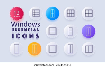 Windows set icon. Grid layout, narrow sash, square glazing, horizontal division, recessed panel, open casement, full-length frame, decorative partition, architectural detailing, residential interior
