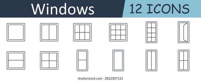 Windows set icon. Square frame, sliding panel, divided glazing, grid structure, vertical sash, opening casement, horizontal partition, modern architecture, residential facade, daylight access