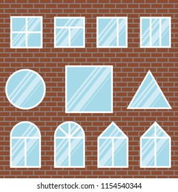 Windows set icon. Winows on a brick wall. Vector.