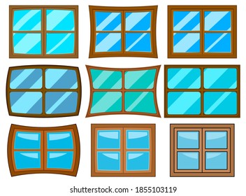 Windows set isolated on white background. Collection of cartoon illustration with closed glass with wood frame. Classic house construction element clip-art.
