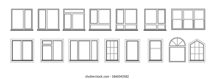 Windows set isolated on white background. Closed vector window element of architecture and interior design. Illustration in black color isolated on white background