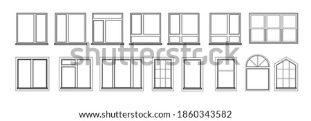 Windows set isolated on white background. Closed vector window element of architecture and interior design. Illustration in black color isolated on white background