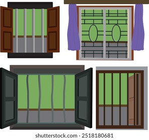 Fenster offen und aus Holz. Offene Holztür im indischen Stil einzeln auf weißem Hintergrund. 2D-Flachfensterdesign