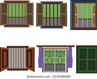 windows set open and made of wood. Indian style open wooden door isolated on white background. 2d flat window design