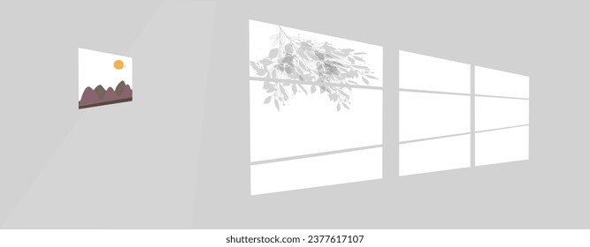 Windows Shadow with abstract illustration, gray leave shadows, leafs and decorative frame. 