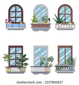 Windows and small balconies with plants vector illustrations set. Collection of cartoon drawings of little balconies with houseplants isolated on white background. Architecture, nature concept