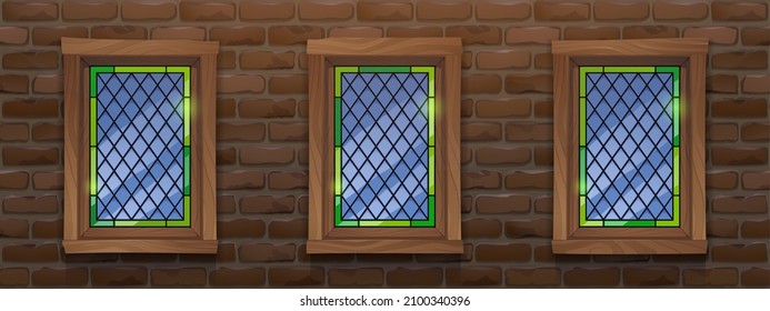 Windows, stained glass with diamond pattern and brown rectangular wooden frames on grunge wall made of red bricks front view. Abstract building facade. Realistic 3d vector home design, background