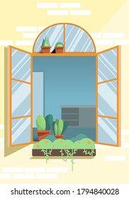 Windows in sunshine summer vibe. Vector illustration. House building illustration. 