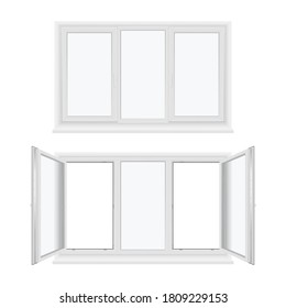 Windows three sash or leaf with fixed center frame, sill realistic templates set. Plastic constructions for home interior open, closed. Vector collection illustration isolated on white background.