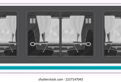 Tren de Windows. El transporte ferroviario se muestra afuera. Estilo de caricatura. Estilo plano.
