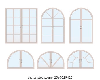 Windows types. Exterior and interior design, home renovation architecture .Set of wooden or plastic frames. Arched and semicircle