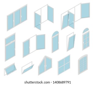 Windows Types Sign 3d Icon Set Isometric View Architecture Exterior Construction for House and Office Building. Vector illustration of Icons