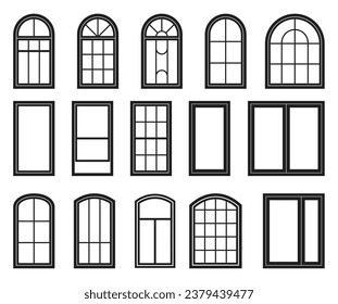 Windows with various types frames, windows framing, window sash collection, vector