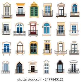 Windows vector collection. House wood and plastic window frames with vintage and decorative elements. Vector set 