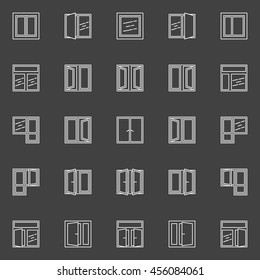 Windows vector linear icons. Set of white window symbols or pictograms on dark background