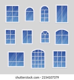 Windows with white different frames set. Vector illustrations of clean blue glass windows on wall of building. Cartoon classic elements of house exterior isolated white. Architecture, facade concept
