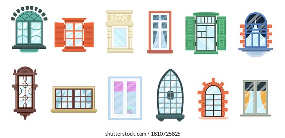 Windows with white frames Set of modern and vintage colorful window frames. Various types plastic and wooden windows collection. Window decor elements