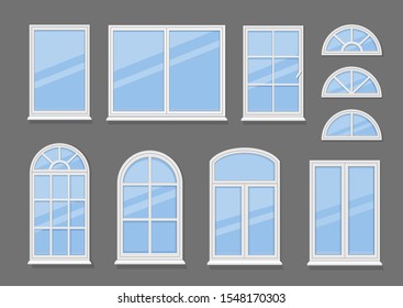 Окна с белыми рамками устанавливают векторную иллюстрацию. Коллекция пластиковых окон различных типов. Элементы интерьера и экстерьера