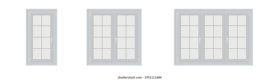 Windows with white frames set vector illustration. Various types plastic windows collection. Vector illustration.  