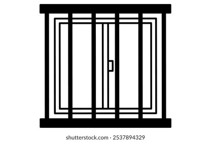 Ventanas con rejillas de ventana, Prevención del delito y seguridad en el hogar Iconos en blanco y negro, Ilustración vectorial