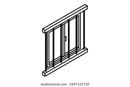 Ventanas con rejillas de ventana, Prevención del delito y seguridad en el hogar Icono isométrico blanco y negro, Ilustración vectorial