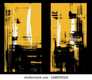 Windows in yellow and black, rough oil paint strokes on canvas. Set of two abstract paintings, cross hatching monochrome grungy background
