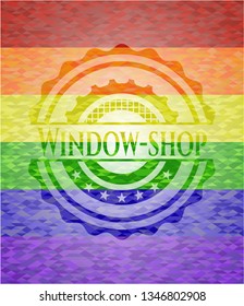 Window-shop emblem on mosaic background with the colors of the LGBT flag