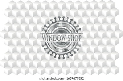 Window-shop grey badge with geometric cube white background