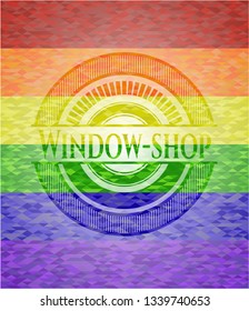 Window-shop on mosaic background with the colors of the LGBT flag