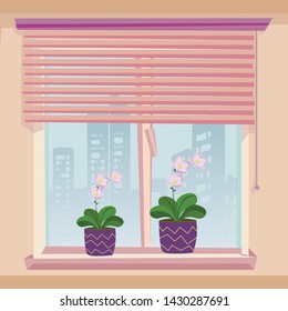 Windowsill Decoration. Flowerpots Blooming Pink Flower Indoor. Window Jalousie Louversin Room with Beige Walls Vector Illustration. City Town Cityscape View. Home Decor. Interior Design