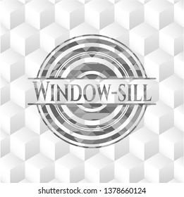 Window-sill grey badge with geometric cube white background