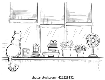 Windowsill with home love objects and cute cat.Hand drawn sketch of black illustration.