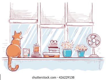 Windowsill with home love objects and cute cat.Hand drawn color sketch of illustration card