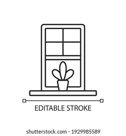 Windowsills linear icon. Window ledge. Horizontal structure, surface at window bottom. Thin line customizable illustration. Contour symbol. Vector isolated outline drawing. Editable stroke