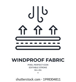 Windproof fabric feature tag editable stroke outline icon isolated on white background flat vector illustration. Pixel perfect. 64 x 64.
